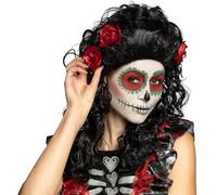 Boland 85606 - Perruque Catrina cheveux longs synthétiques avec fleurs, coiffure longue Dia de los Muertos, coiffure, costume, carnaval, fête à thème, Halloween