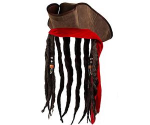 Boland Brown Pirate Hat with Hair Dreadlocks Captain Jack Accessory Headwear Buccaneer Dress Up Halloween Carnival Adult One Size