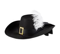 Boland – Chapeau mousquetaire adulte – feutrine noire, plume blanche, boucle dorée