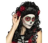 Boland – Perruque Catrina 85606 – Cheveux longs synthétiques avec fleurs – Noir/Rouge