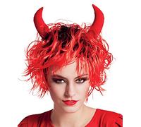 Boland Perruque de diablesse - Mi-longue noire/rouge avec cornes en tissu, idéale pour les fêtes costumées et Halloween