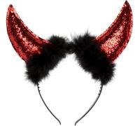 Boland Red Glitter Devil Horns On Headband With Black Trim, Halloween Fancy Dress Accessory, Devil Accessories, Womens, Ladies, One Size