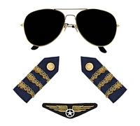 Boland Set de costume pilote 33202 – lunettes, broche et épaulettes, noir – pour JGA ou carnaval
