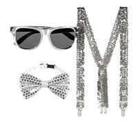 Boland - Set d'accessoires de fête, Set de 3 pièces, Lunettes, Noeud et Bretelles, Paillettes Brillantes, Accessoires de Costume, Carnaval, réveillon, fête à thème, Argent