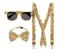Boland - Set d'accessoires de fête, Set de 3 pièces, Lunettes, Noeud et Bretelles, Paillettes Brillantes, Accessoires de Costume, Carnaval, réveillon, fête à thème, Or
