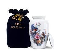 BOLD & DIVINE Urne funéraire imprimée Oiseaux Blancs | Grande Taille | 500 cm Cubes | pour Cendres humaines Adultes, Enterrement, funérailles avec Sac en Velours Unique