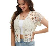 Boléro à manches courtes pour femme avec dentelle au crochet, beige, taille unique