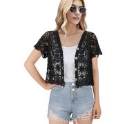Boléro à manches courtes pour femme avec dentelle au crochet, noir, taille unique