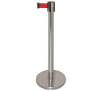 Bolero Barrière polie avec sangle rouge 3 m, 935(H) mm, acier Inoxydable, barrière sangle rétractable, barrière file d'attente avec Base lestée de 8 kg, usage professionnel, GG723