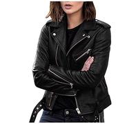 Boléro court en cuir pour femme - Manteau zippé avec 3 poches zippées et bouton pression - Col à revers - Veste courte - Couleur unie - Style bomber - Veste en cuir - Veste slim fit patchwork, Noir ,