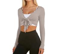 Boléro court pour femme - Haut à manches longues - Cardigan sexy - Élégant - Boléro de soirée - Boléro de mariage - Décontracté - Col en V - Basique - Tenue de festival, kaki, XS