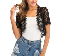Boléro Dentelle Femme Gilet Court Veste Ouverte Chic Elégant Mariage Manche Courte pour Robe Tee Shirt Soirée Fête Décontracté Céréomonie Noir L