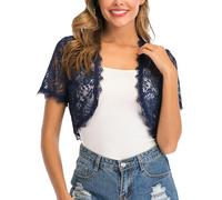 Boléro Dentelle Femme Gilet Court Veste Ouverte Chic Elégant Mariage Manche Courte pour Robe Tee Shirt Soirée Fête Décontracté Céréomonie Bleu Marine M