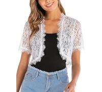 Boléro Dentelle Femme Gilet Court Veste Ouverte Chic Elégant Mariage Manche Courte pour Robe Tee Shirt Soirée Fête Décontracté Céréomonie Blanc L