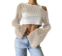 Boléro d'été en crochet pour femme - Pull ajouré ultra court évasé à manches longues Yk2, abricot, Taille L