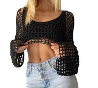Boléro d'été en crochet pour femme - Pull ajouré ultra court évasé à manches longues Yk2, noir, Taille L
