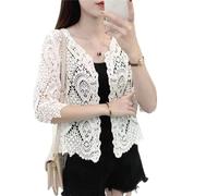 Boléro d'été tricoté en dentelle bohème ajourée au crochet floral manches 3/4 ouvert sur le devant cardigan court élégant en maille pour femme - Cardigan kimono en coton à manches chauve-souris -