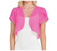Boléro en mousseline de soie pour femme - Manches mi-longues - Cache-châle - Veste transparente ouverte sur le devant - Léger - Cardigan court décontracté et léger pour soirée de mariage, rose vif, S