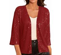 Boléro Femme à Sequins Gilet Court Veste Cardigan Pull à Manches Longues Boutonné V-Col Vintage Chic pour Robe Soirée Rouge Vivant à Paillettes S