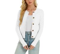 Boléro Femme Cardigan Court Évidée Gilet Veste Tricot Bouton Manches Longues pour Robe T Shirt Bretelle Chic Elégante Soirée Fête Décontracté Rétro Blanc M