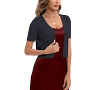 Boléro Femme Cardigan Court Gilet Veste Tricot Bouton Manches Courtes pour Robe T Shirt Bretelle Chic Elégante Soirée Fête Décontracté,Bleu Marine*Court,M