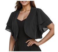 Bolero Femme Chic et Elegant Gilet Femme Manches Courtes Mariage Bolero Mousseline de Soie Boléro et Châle pour Robe de Soirée et de Mariage Gilet à Manches Évasées Courte Deux Couches (A01-Black, XXL