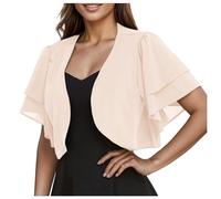 Bolero Femme Chic et Elegant Gilet Femme Manches Courtes Mariage Bolero Mousseline de Soie Boléro et Châle pour Robe de Soirée et de Mariage Gilet à Manches Évasées Courte Deux Couches (A03-Beige, M)