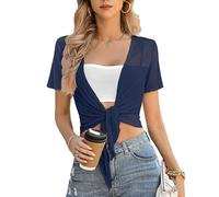 Boléro Femme Chic et Élégante Boléro manches courtes Côtelée Été Élégant Veste Court Boléro Robe Cardigan Ouverte Devant Cardigan Transparent Léger Nouveau Plain Fish Net Tricoté Tie Up Top Bleu,L