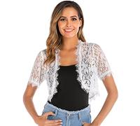 Boléro Femme Dentelle Gilet Court Mariage Manche Courte Elégant Veste Ouverte Chic pour Robe Bretelle, Blanc, L