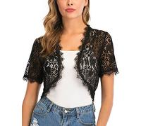 Boléro Femme Dentelle Gilet Court Mariage Manche Courte Elégant Veste Ouverte Chic pour Robe Bretelle, Noir, XXL