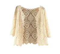 Veste Courte Boléro,Bolero Femme Shrug 3/4 Manches Courtes Cardigan Élégant Floral Dentelle Blouse Veste Été Crochet Cardigan Ouvert Devant Col V Festival Veste Plage Cover-Ups Pour Robes Beige M