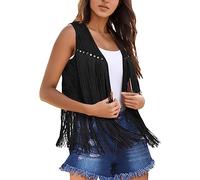 Boléro Femme Vintage à Franges sans Manches - Gilet Années 60 Bohème - Veste Ouverte Décontractée - Style Hippie, Accessoire Carnaval Oktoberfest