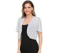 Boléro pour femme en mousseline de soie douce ouverte sur le devant transparent à manches courtes pour robe de soirée, Argenté, Medium