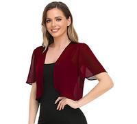 Boléro pour femme en mousseline de soie douce ouverte sur le devant transparent à manches courtes pour robe de soirée, rouge vin, X-Large
