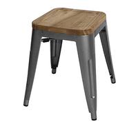 Bolero Tabourets Bistro Bas en Acier Gris Métal avec Assise en Bois (Lot de 4)