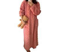 BOLEXA Pyjama d'hiver en Polaire Corail for Femme, Chemise de Nuit Longue avec Poches, vêtements de Maison épais et Chauds(Pink,L)