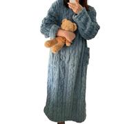 BOLEXA Pyjama d'hiver en Polaire Corail for Femme, Chemise de Nuit Longue avec Poches, vêtements de Maison épais et Chauds(Blau,L)