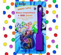 Bolibo JETON Loto magnétique - Bâton magnétique + 100 PIONS - 17 mm de diamètre - Coloris au Choix - Bleu, Orange, Jaune, Vert, Rouge, Violet, etc... - Bingo (Multicolore + Violet)