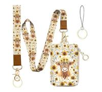 Bolimoss Lanière avec impression de vache des Highlands, mignons porte-badges à motif de tournesol, avec col et poignet, étui en simili cuir avec fermeture éclair et porte-clés détachable