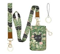 bolimoss Portefeuille à lanière avec porte-badge d'identité, pochette à fermeture éclair pour pièces de monnaie, cartes de crédit, dragonne amovible, 5 emplacements pour cartes, anneau porte-clés