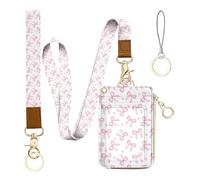 bolimoss Portefeuille avec nœud rose et joli porte-badge avec col détachable et dragonne, étui à fermeture éclair multiple en cuir synthétique, pour femme, bureau, enseignants, étudiants, travailleurs