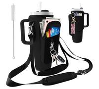 bolimoss Stanley - Porte-gobelet isotherme en néoprène noir pour bouteille d'eau de 1,2 l, support d'accessoires de tasse Stanley, 2 sangles réglables et 3 poches pour téléphone, pour voyage et