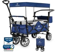 Bollerwagen pliable avec toit Chariot de transport, 2 places avec système de ceinture à 3 points, pliable, pneus pleins, jusqu'à 80 kg, freins avant et arrière + sac de transport - bleu/gris