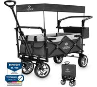 Bollerwagen pliable avec toit Chariot de transport, 2 places avec système de ceinture à 3 points, pliable, pneus pleins, jusqu'à 80 kg, freins avant et arrière + sac de transport - anthracite/gris
