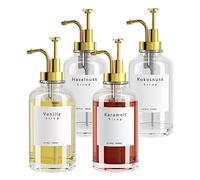 BOLLFO Lot de 4 distributeurs de sirop à café pour accessoires de bar à café, distributeur de sirop en verre, distributeur de sirop, distributeur de sirop avec 58 étiquettes, 500 ml