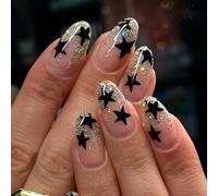 Boloshine 24 Pièces Amande Faux Ongles Court, Couverture Complète Press on Nails, Glossy Faux Ongles à Coller Ongle Artificiels, Acrylique Fake Nails pour Femmes et Filles - Chant de la Nuit Étoilée