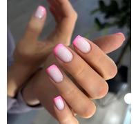 Boloshine 24 Pièces Français Faux Ongles Court Carré, Ballerine Naturel Acrylique Bâton sur Les Ongles, Pleine Couverture Faux Ongles Autocollants pour Femmes et Filles - Danse des Cerisiers en Fleurs