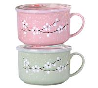 Bols à céréales, 2 bols à soupe avec poignées, 800 ml/28 oz, tasse soupe au micro-ondes résistante la chaleur avec couvercle, tasse de voyage en céramique florale Wintersweet pour ramen, nouilles