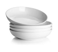 DOWAN Assiettes à pâtes 887 ml, grands saladiers en céramique, set de 4 assiettes à pâtes plates blanches, lavables au micro-ondes et au lave-vaisselle
