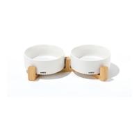 Bols céramique avec support en bambou 2x350 ml - Mpets - OPERA - Blanc